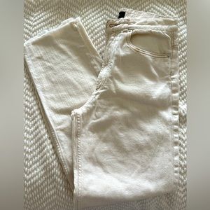 APC ecru jeans w tan stitching, frayed ankle